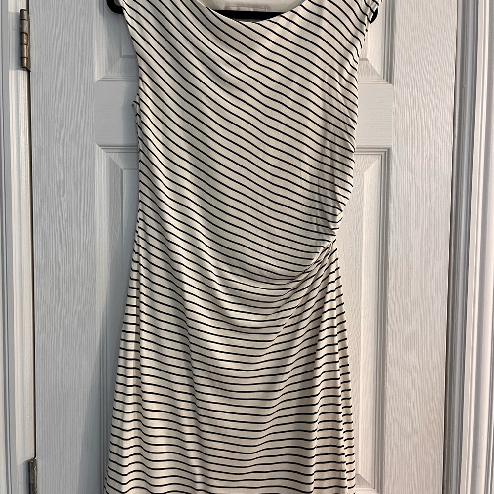 LOFT Asymmetrical Ruched Sheath Dress Black and White